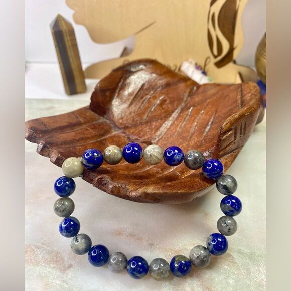 Handmade Lapis Lazuli & Labradorite Unisex Gemstone Bead Bracelet - Picture 1 of 10